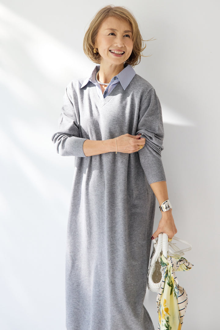 ストライプシャツカラー ニットワンピース