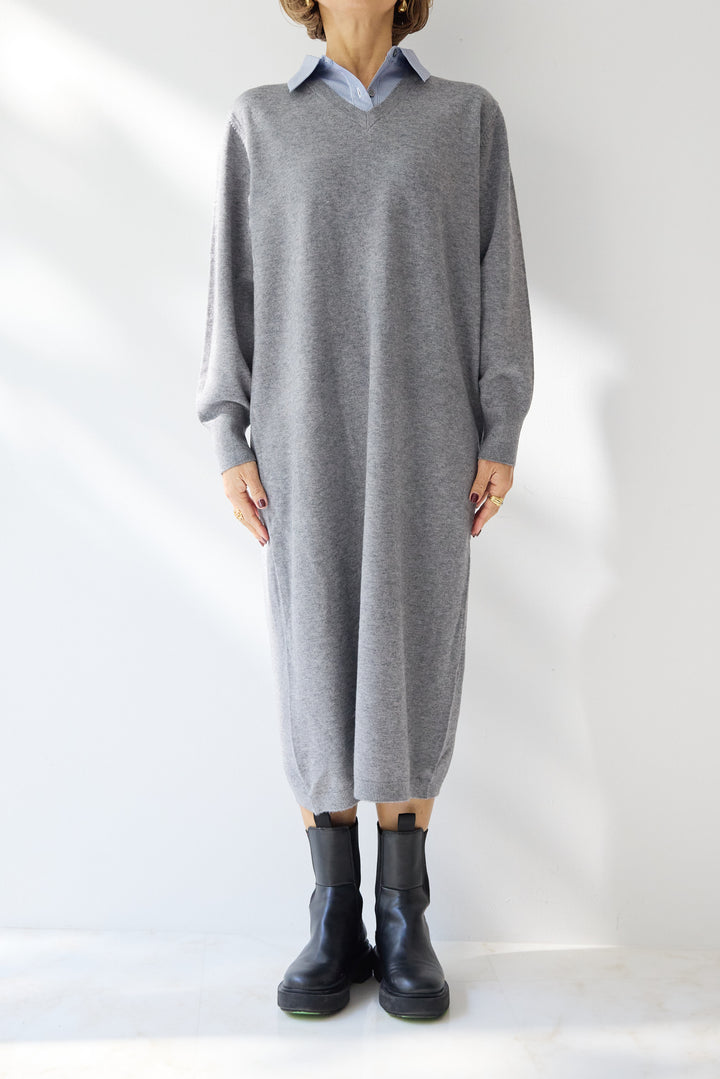 ストライプシャツカラー ニットワンピース