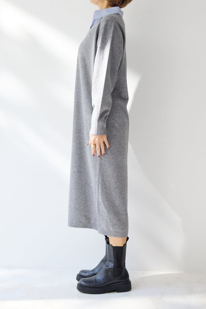 ストライプシャツカラー ニットワンピース