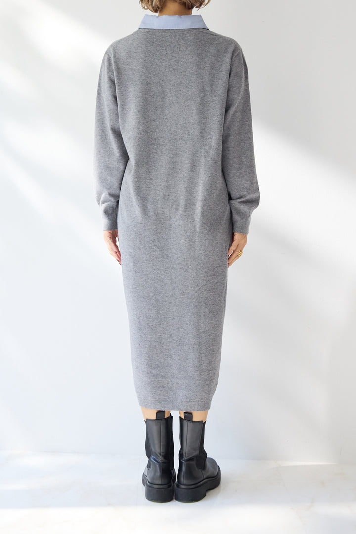 ストライプシャツカラー ニットワンピース