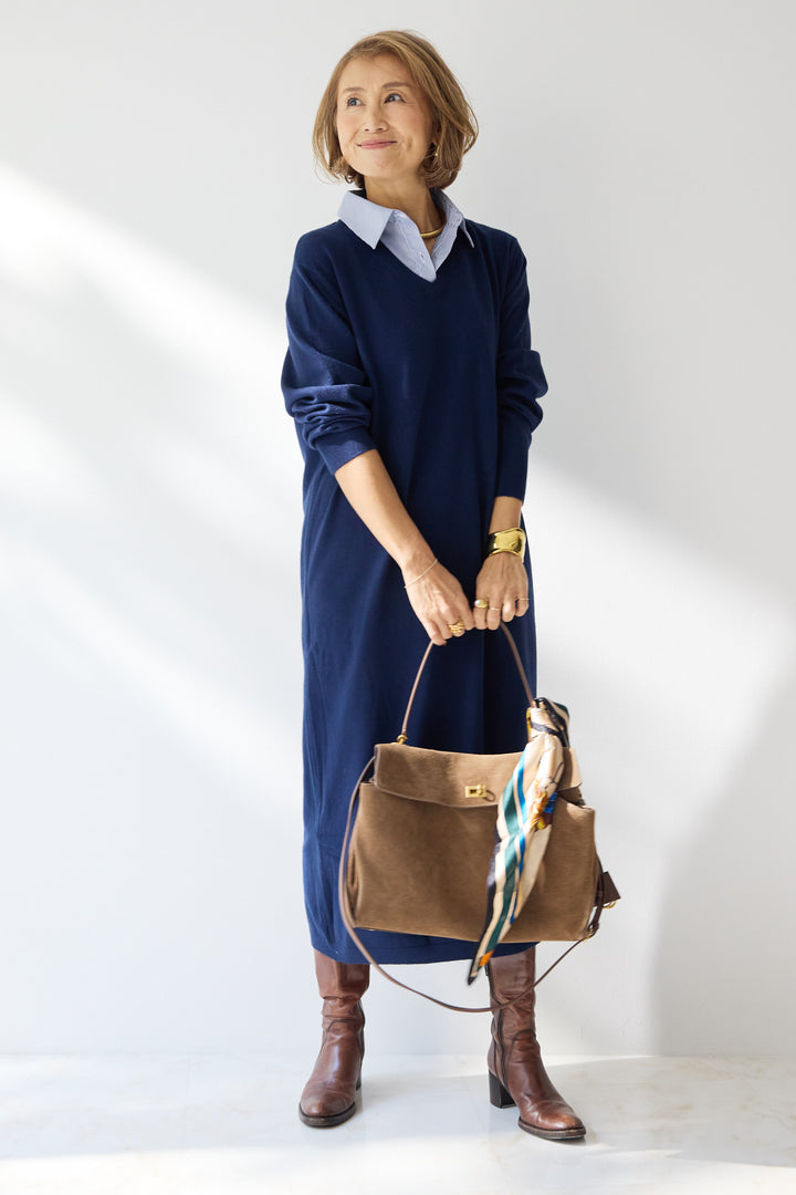 ストライプシャツカラー ニットワンピース