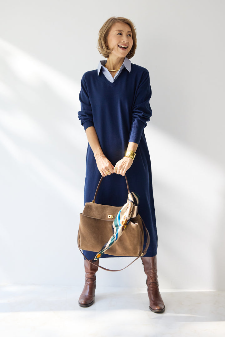 ストライプシャツカラー ニットワンピース