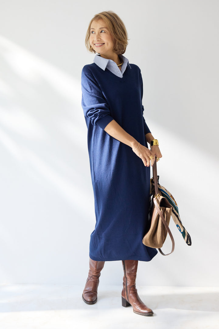 ストライプシャツカラー ニットワンピース