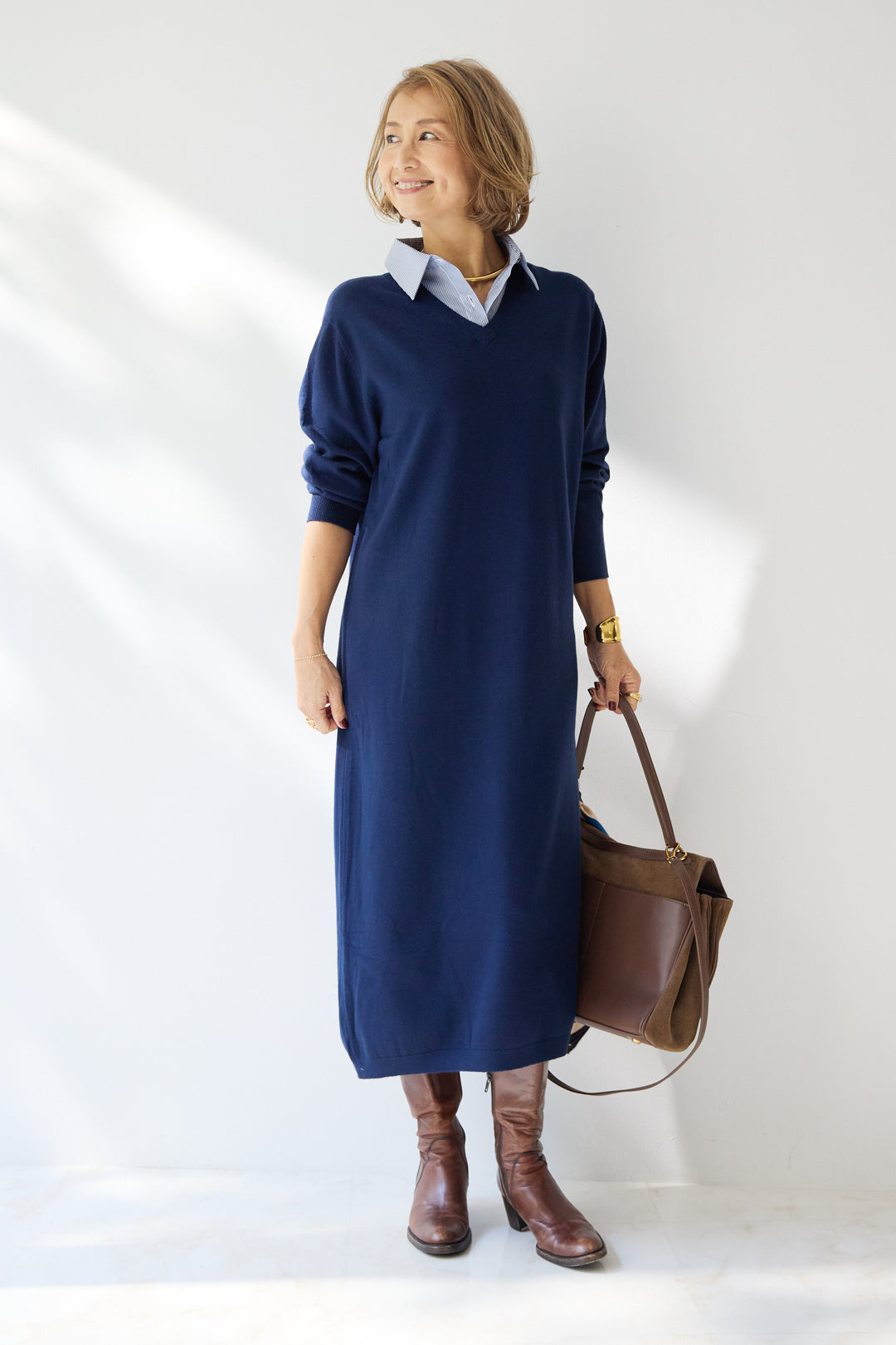 ストライプシャツカラー ニットワンピース