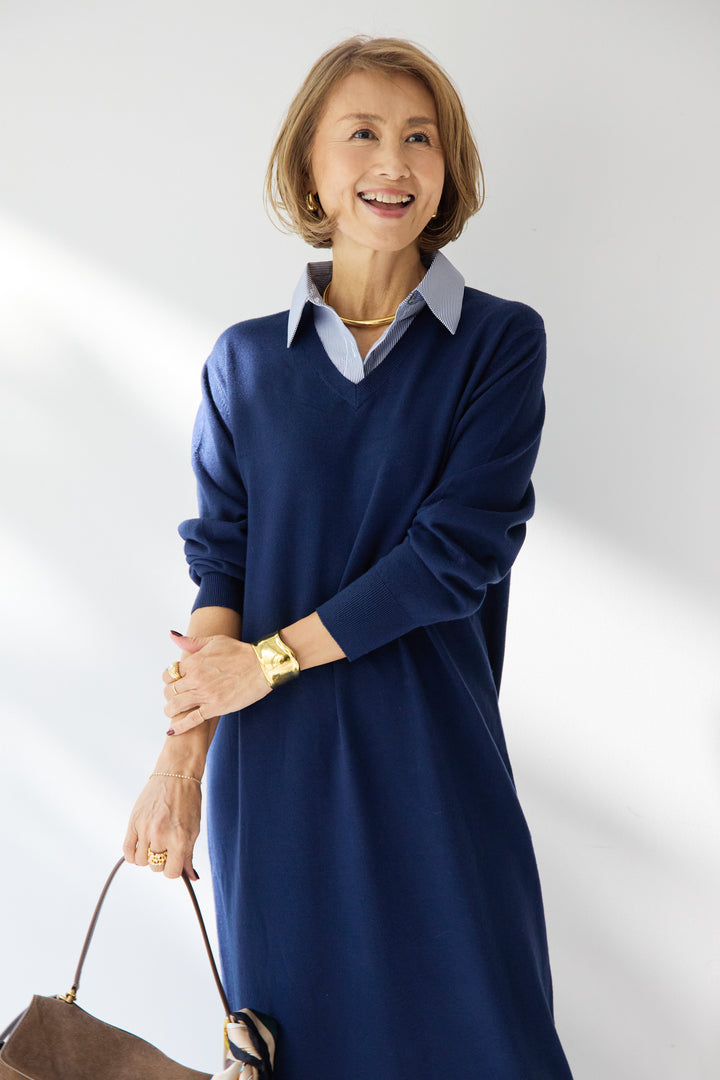 ストライプシャツカラー ニットワンピース