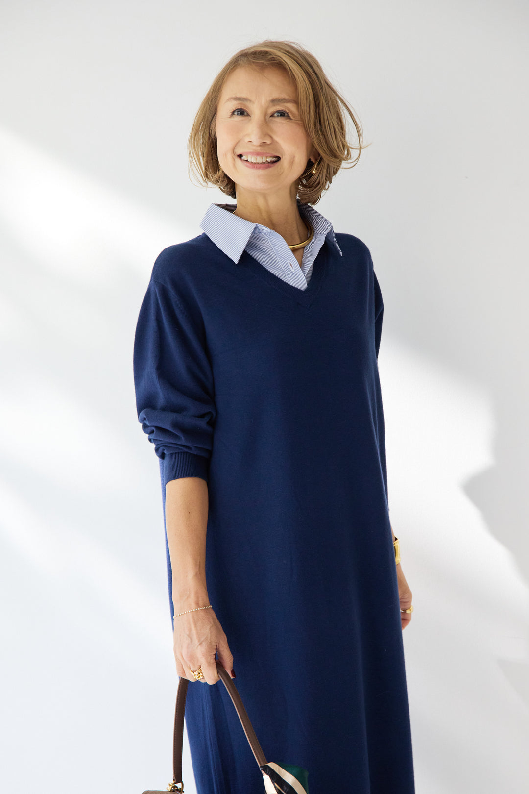 ストライプシャツカラー ニットワンピース