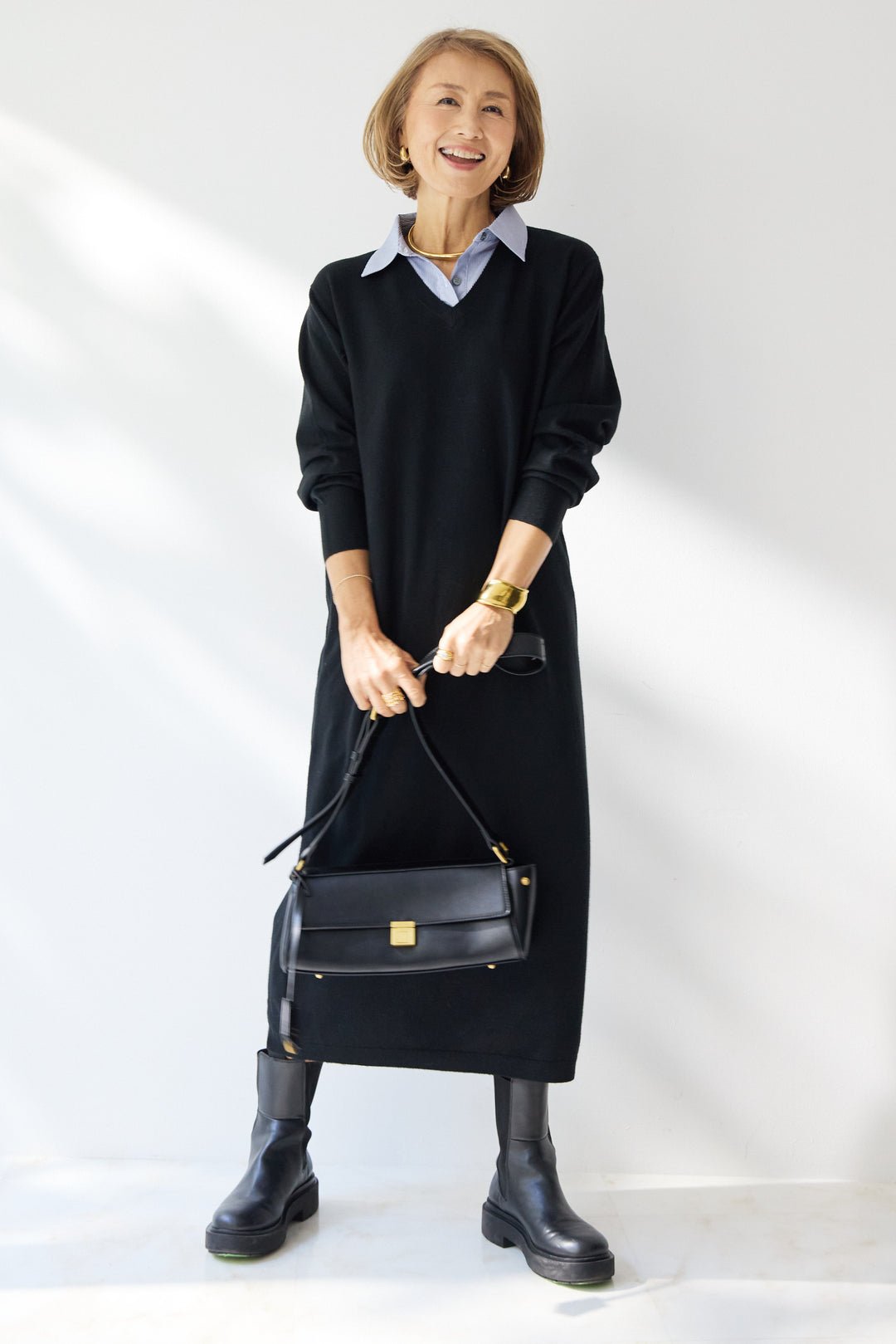 ストライプシャツカラー ニットワンピース