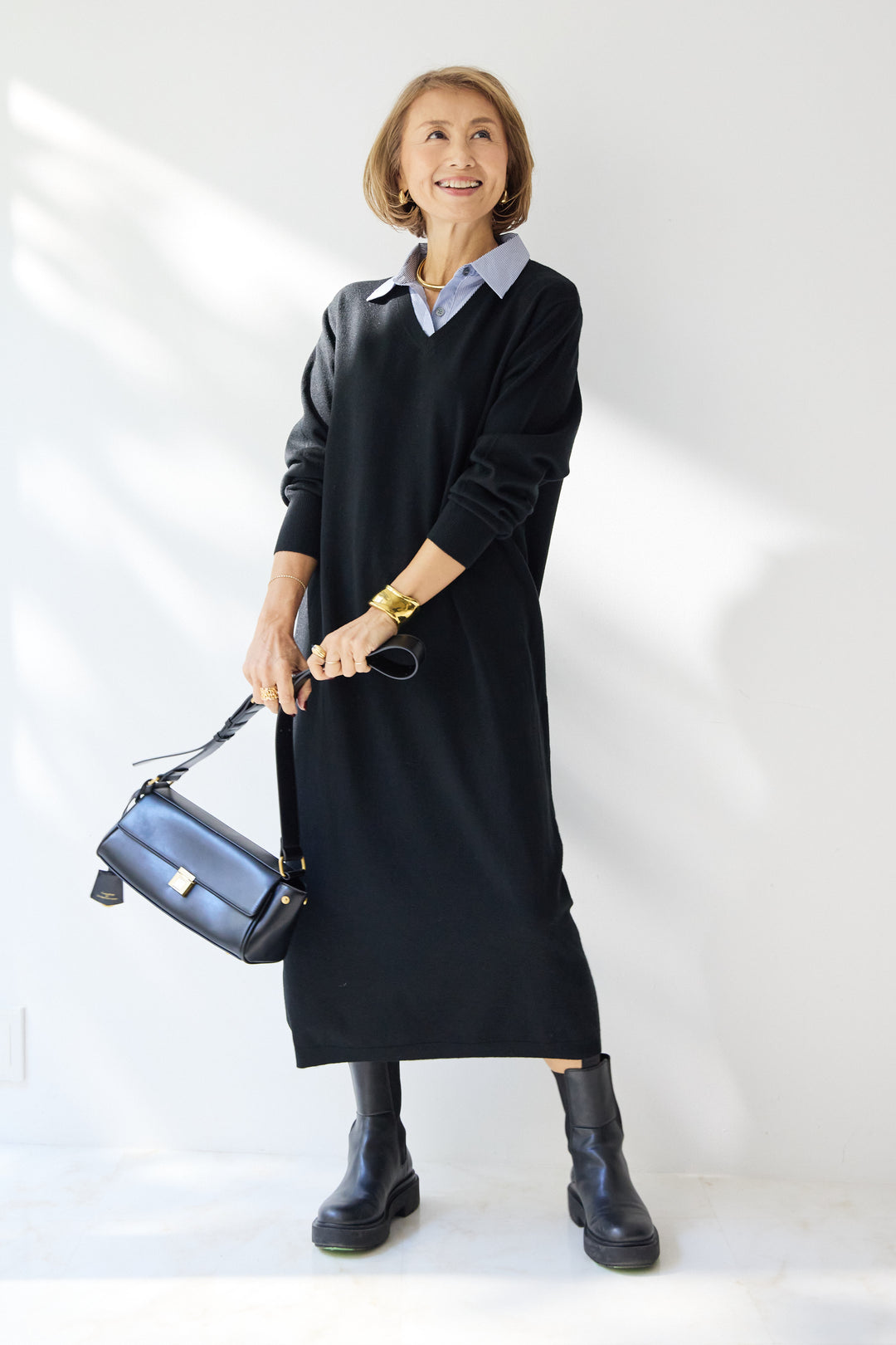 ストライプシャツカラー ニットワンピース