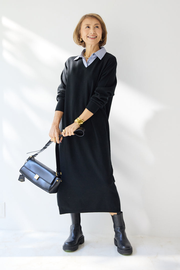 ストライプシャツカラー ニットワンピース