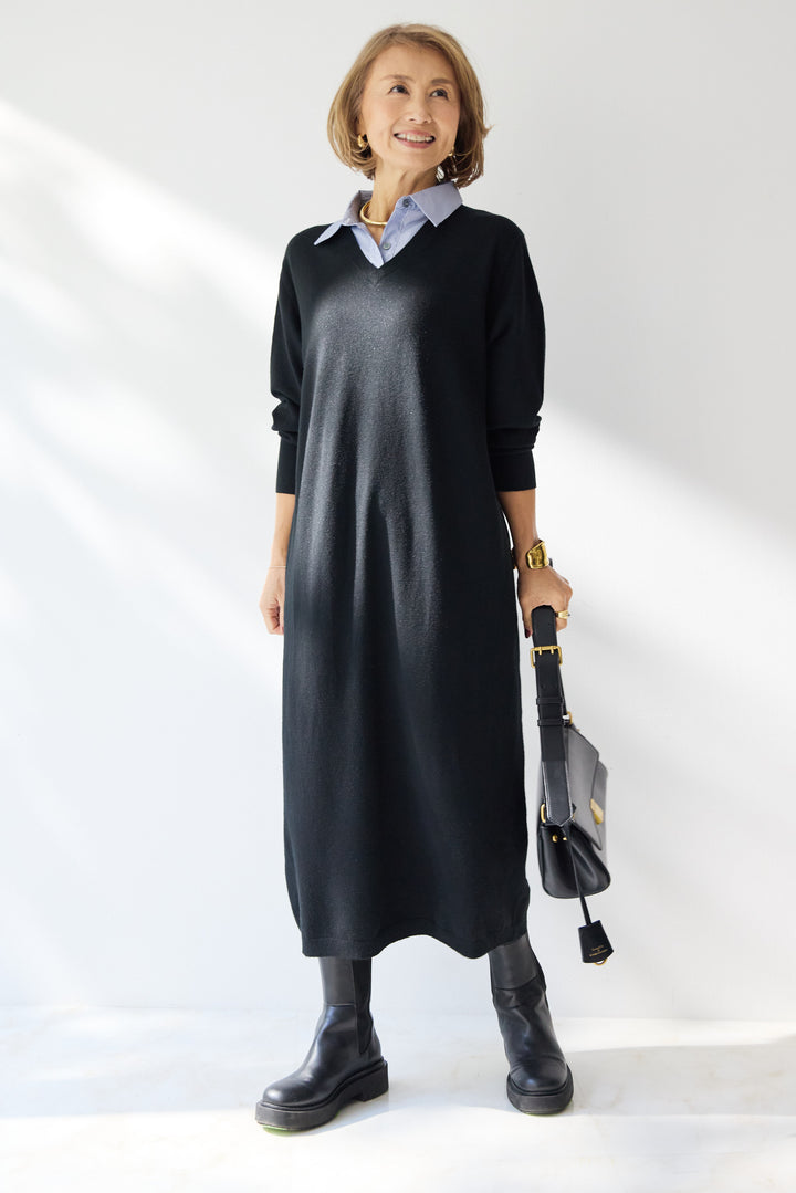 ストライプシャツカラー ニットワンピース