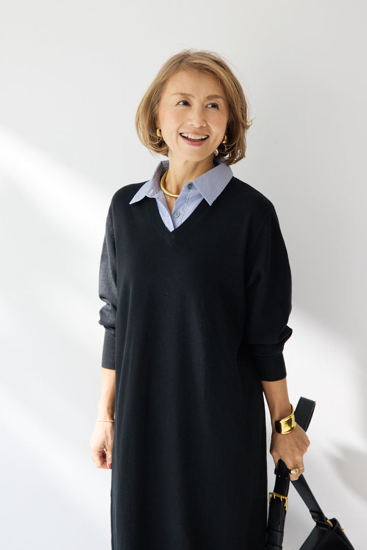 ストライプシャツカラー ニットワンピース