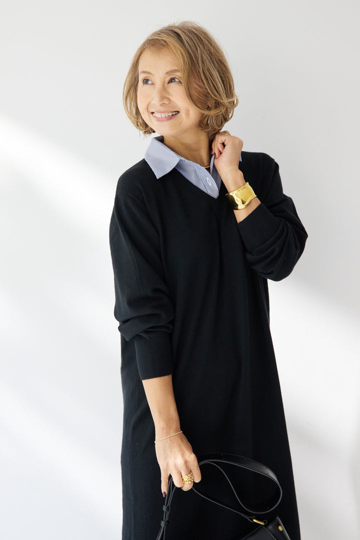 ストライプシャツカラー ニットワンピース