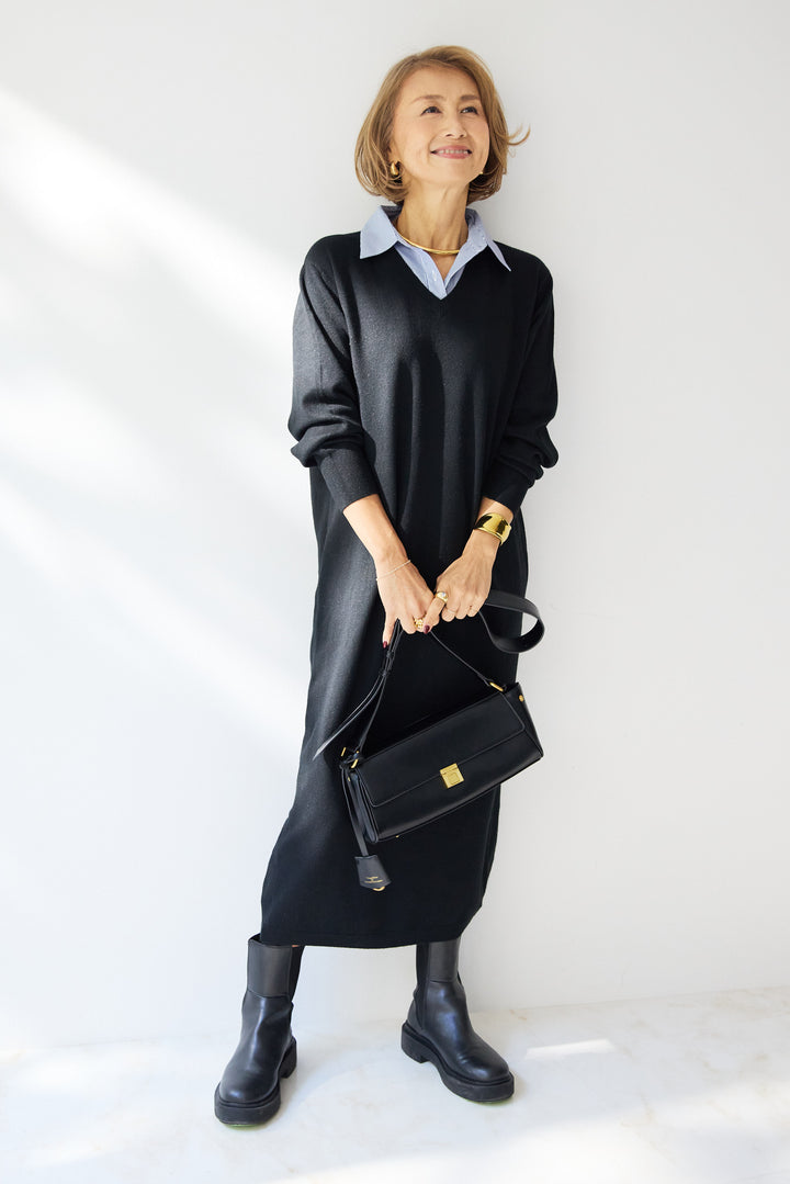 ストライプシャツカラー ニットワンピース