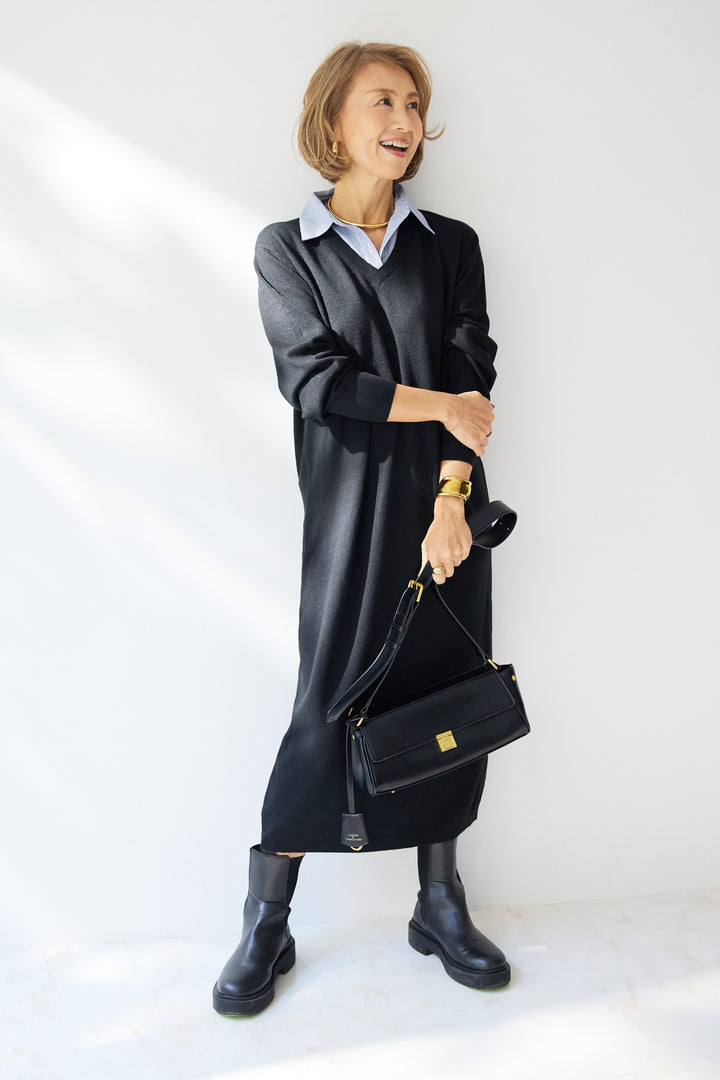 ストライプシャツカラー ニットワンピース