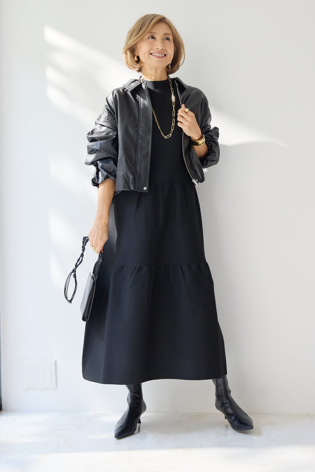 [SET]フェイクレザー バルーンブルゾン+ティアードニットワンピース(2set)