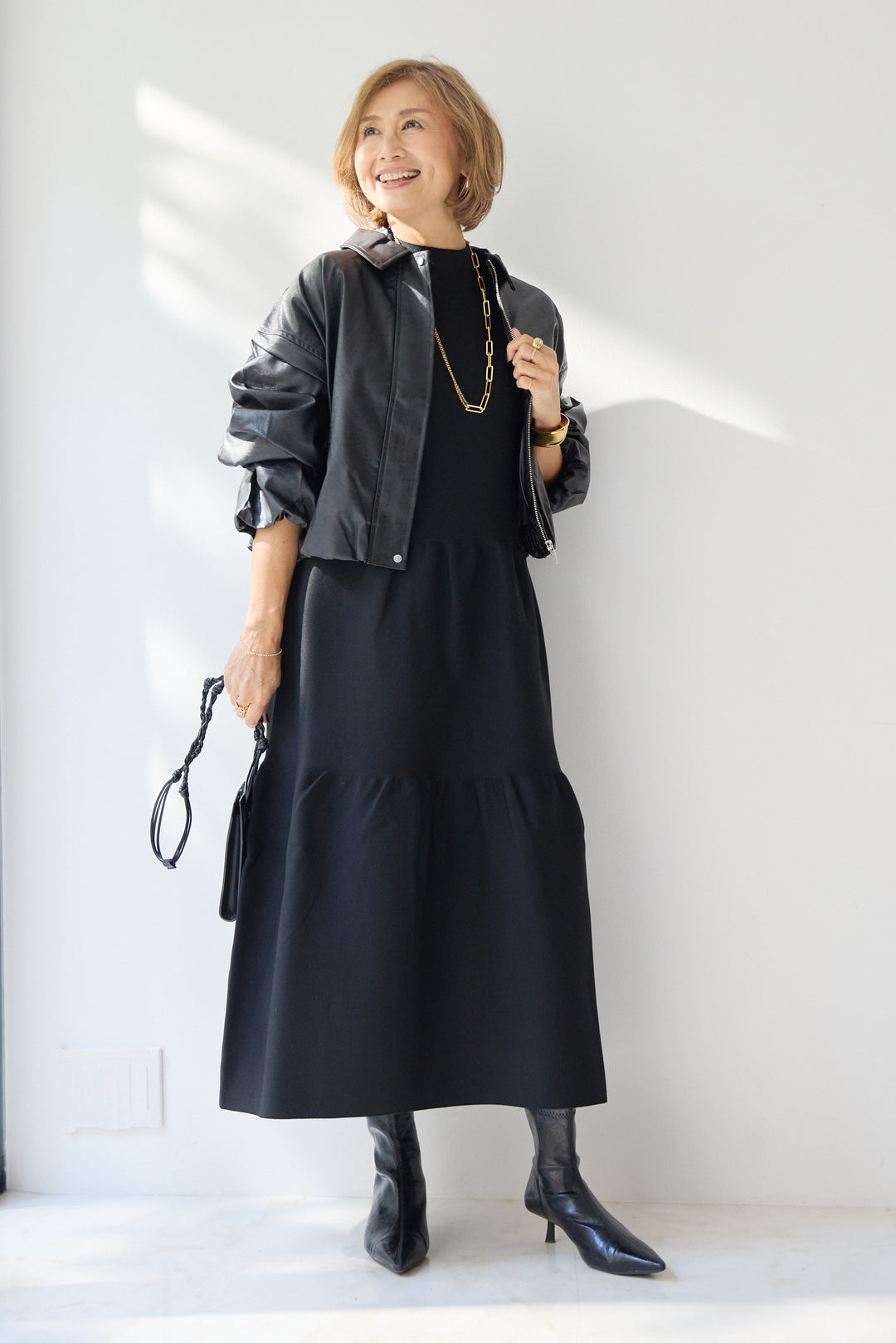 [SET]フェイクレザー バルーンブルゾン+ティアードニットワンピース(2set)