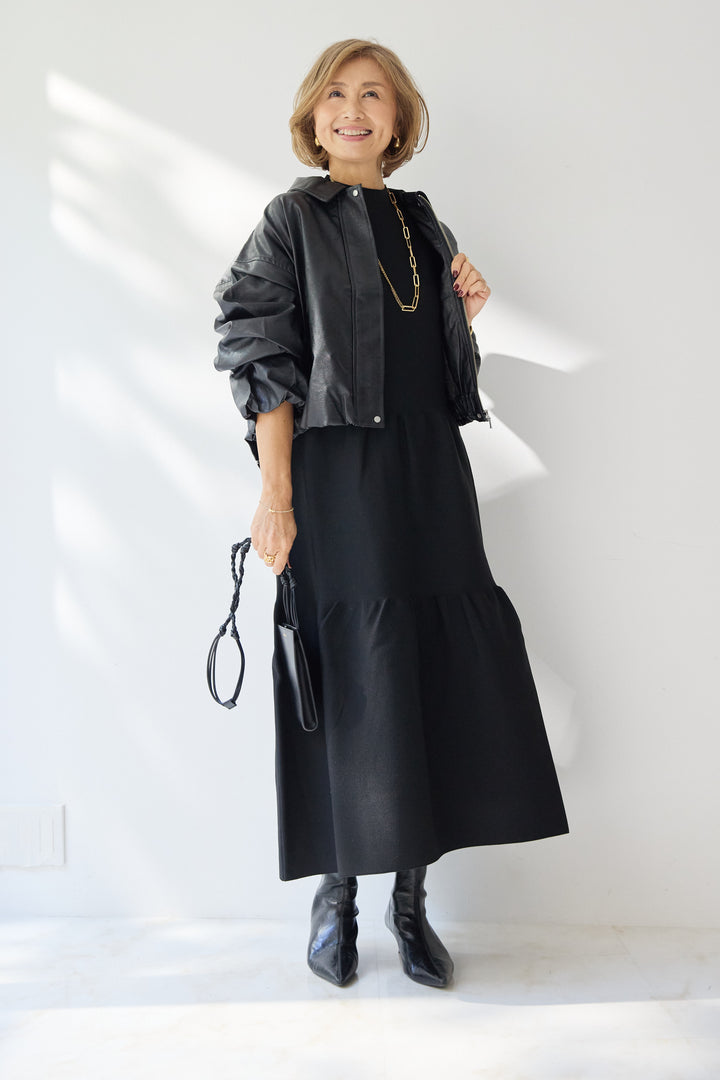 [SET]フェイクレザー バルーンブルゾン+ティアードニットワンピース(2set)