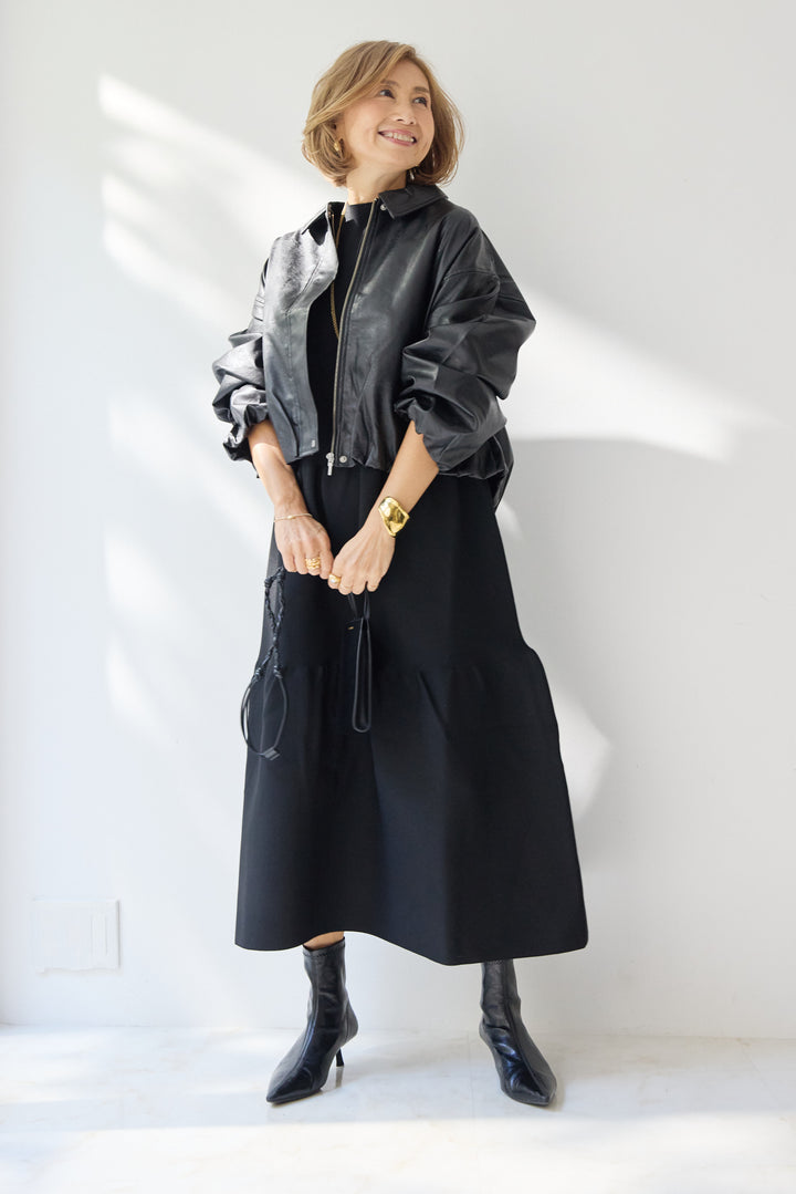 [SET]フェイクレザー バルーンブルゾン+ティアードニットワンピース(2set)