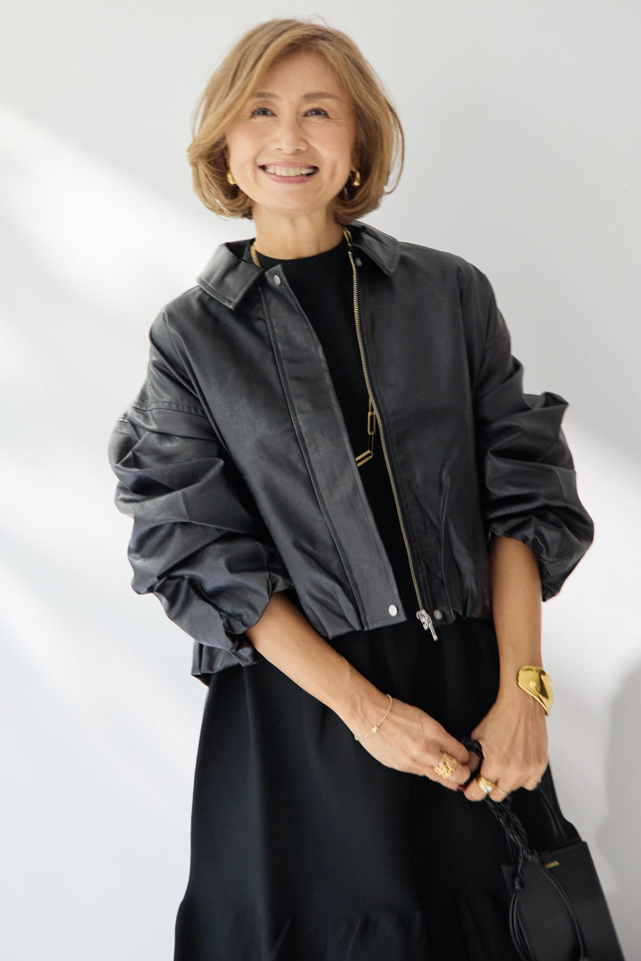 [SET]フェイクレザー バルーンブルゾン+ティアードニットワンピース(2set)