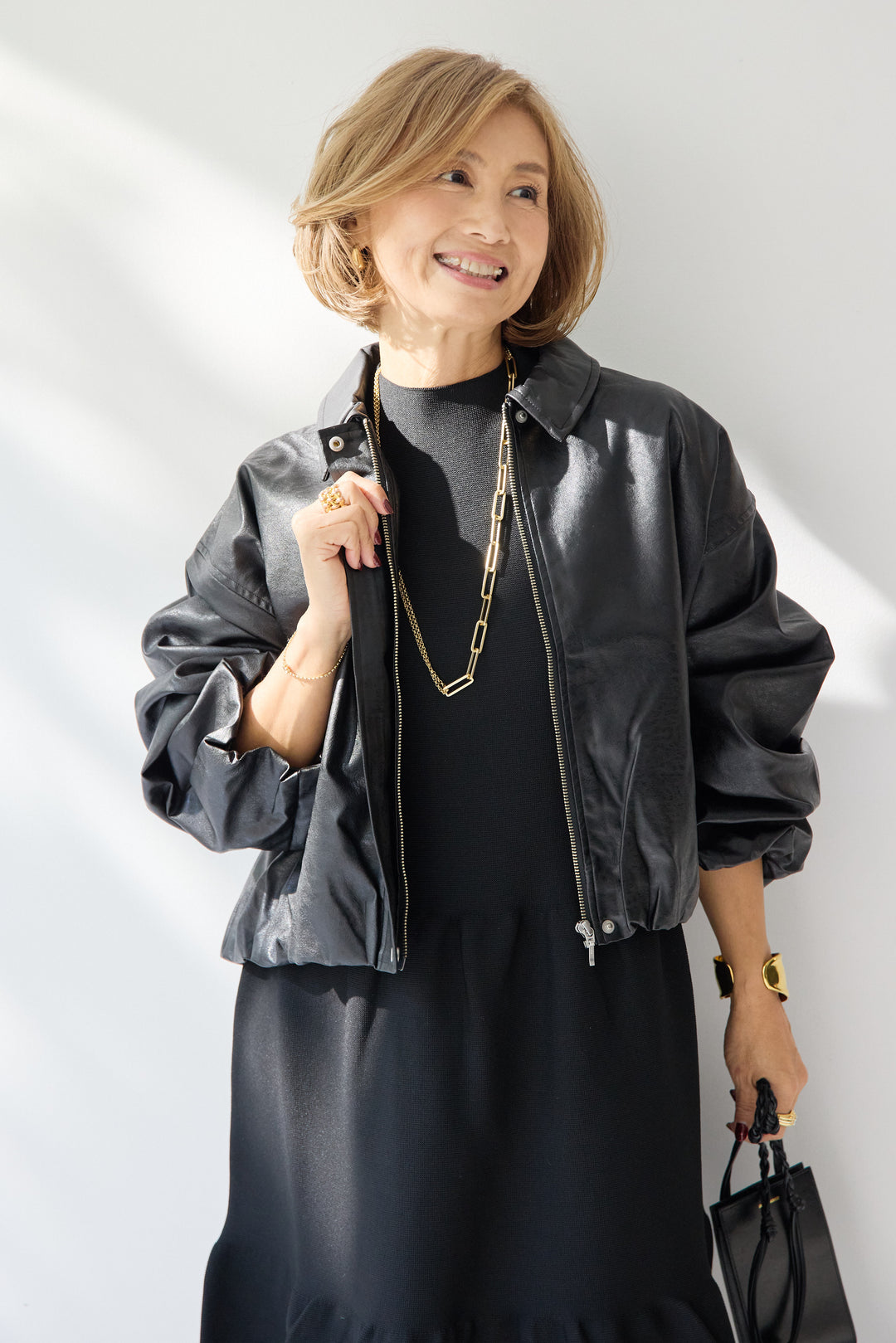 [SET]フェイクレザー バルーンブルゾン+ティアードニットワンピース(2set)