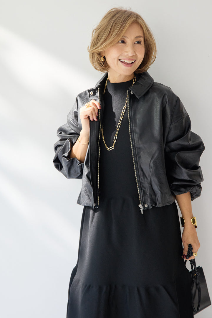 [SET]フェイクレザー バルーンブルゾン+ティアードニットワンピース(2set)