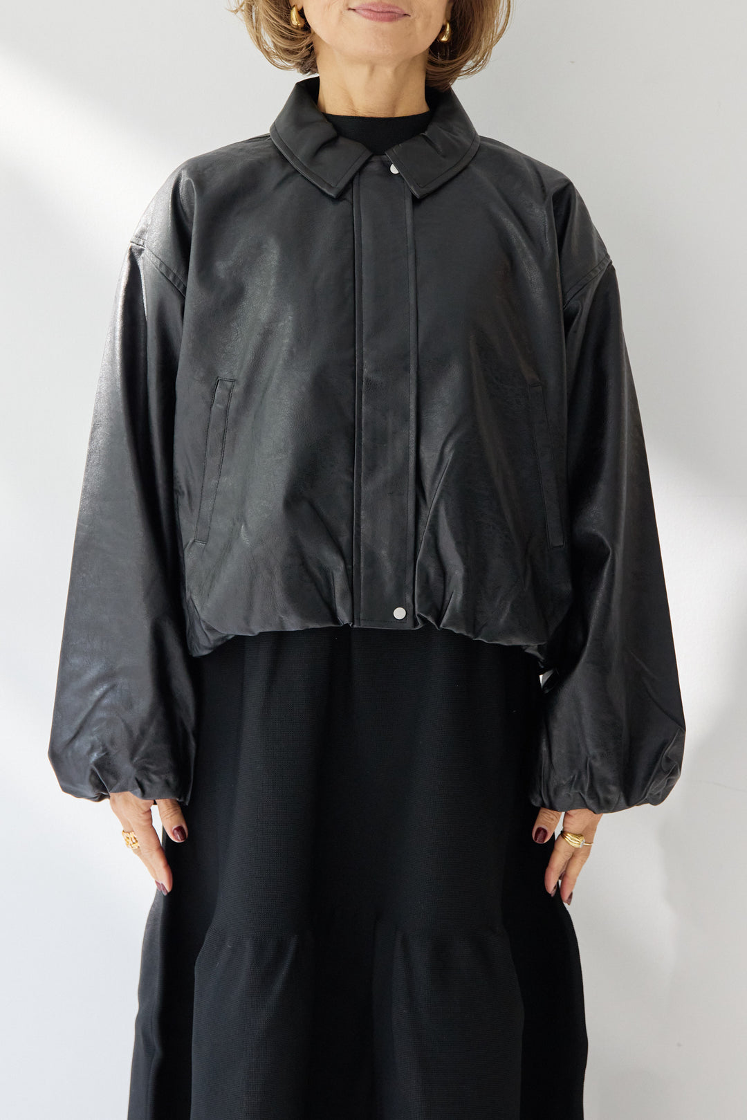 [SET]フェイクレザー バルーンブルゾン+ティアードニットワンピース(2set)