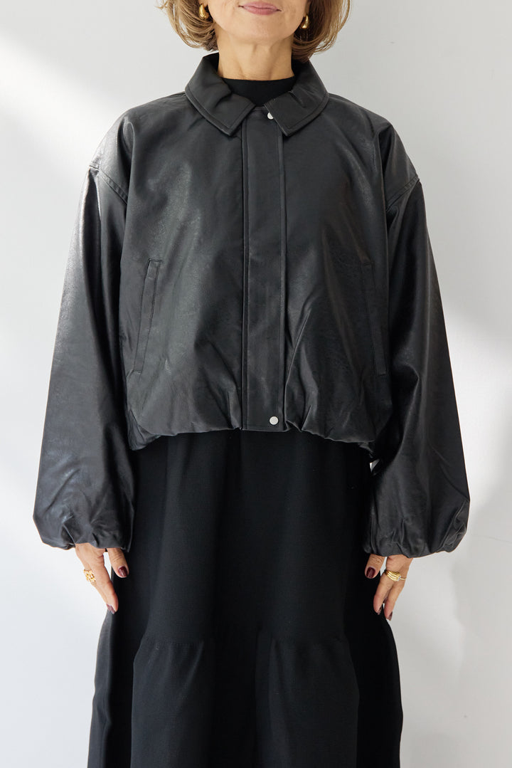 [SET]フェイクレザー バルーンブルゾン+ティアードニットワンピース(2set)