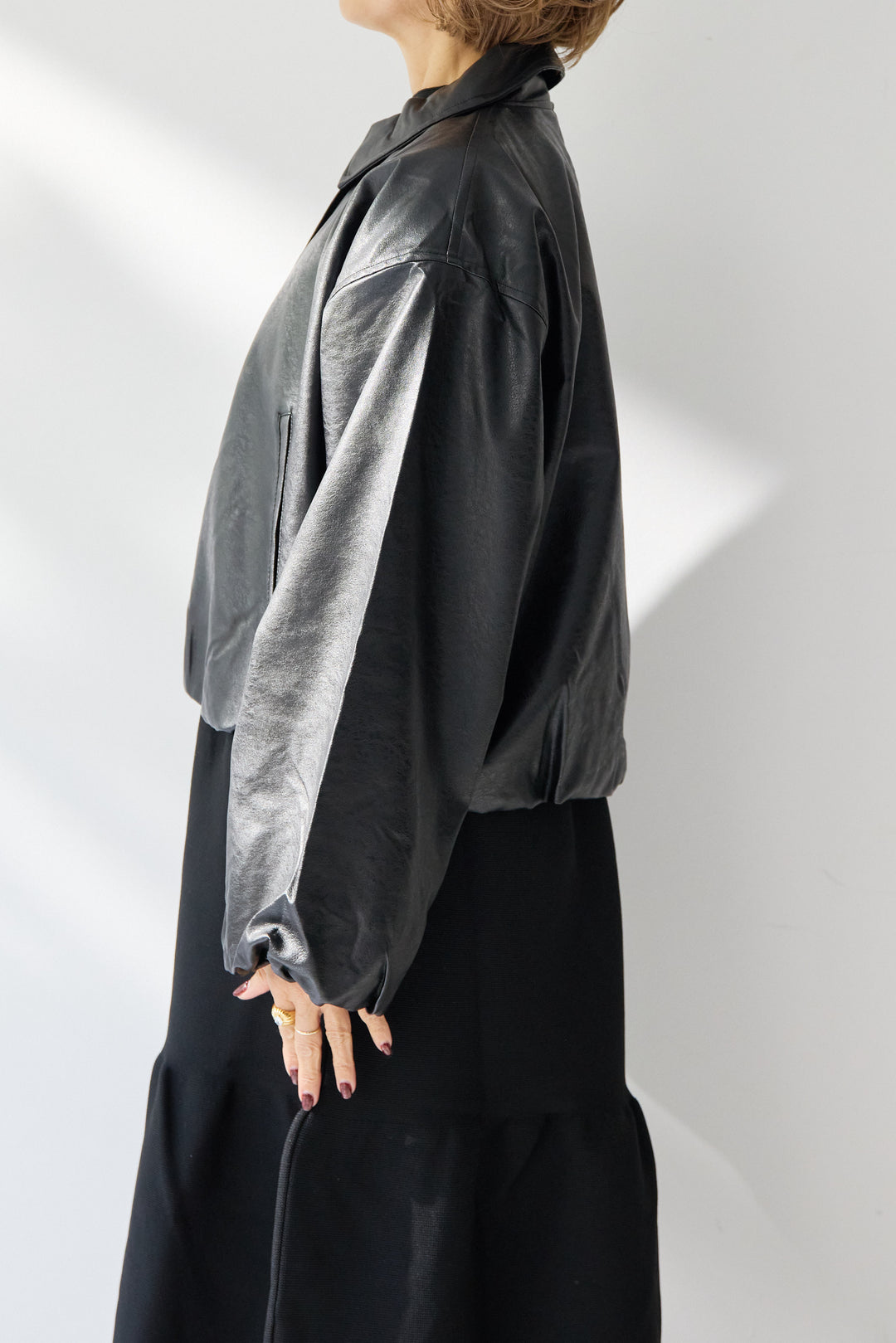 [SET]フェイクレザー バルーンブルゾン+ティアードニットワンピース(2set)