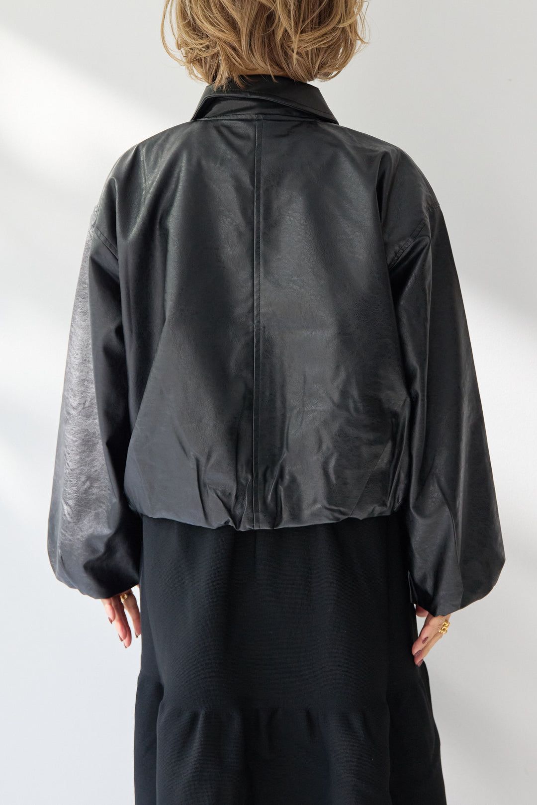 [SET]フェイクレザー バルーンブルゾン+ティアードニットワンピース(2set)