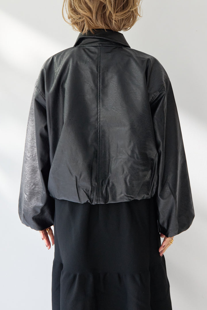 [SET]フェイクレザー バルーンブルゾン+ティアードニットワンピース(2set)