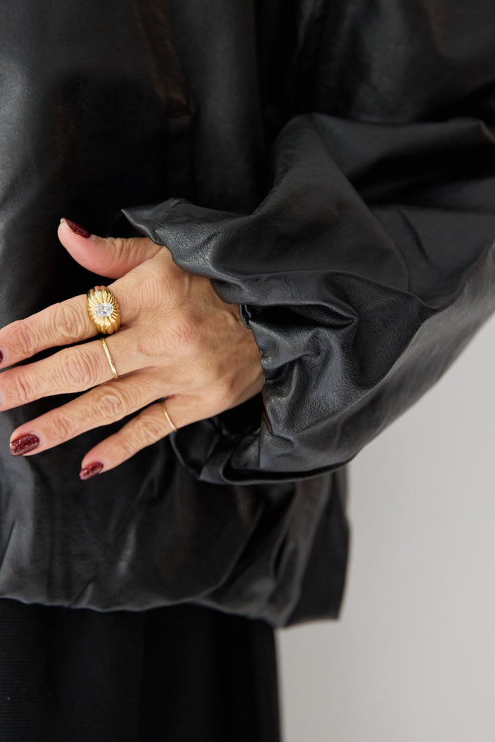 [SET]フェイクレザー バルーンブルゾン+ティアードニットワンピース(2set)