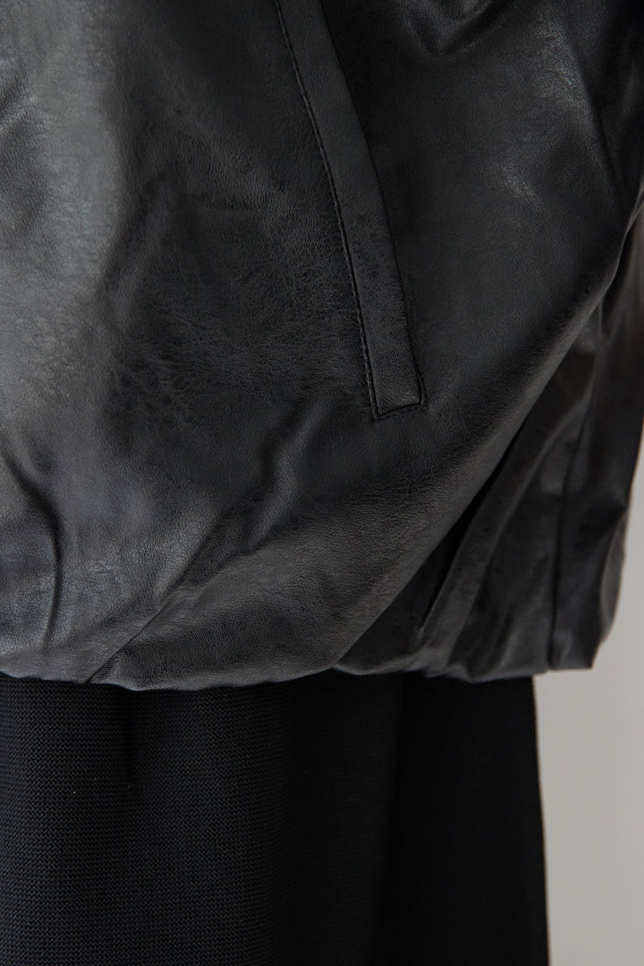 [SET]フェイクレザー バルーンブルゾン+ティアードニットワンピース(2set)