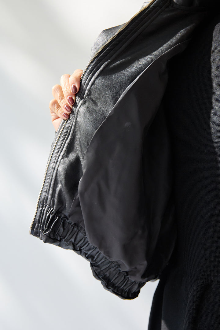 [SET]フェイクレザー バルーンブルゾン+ティアードニットワンピース(2set)