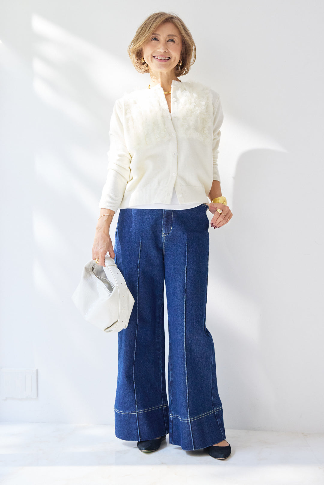 [SET]チュールフリルカーディガン+【倉敷デニム】センターシームワイドデニムパンツ(2set)