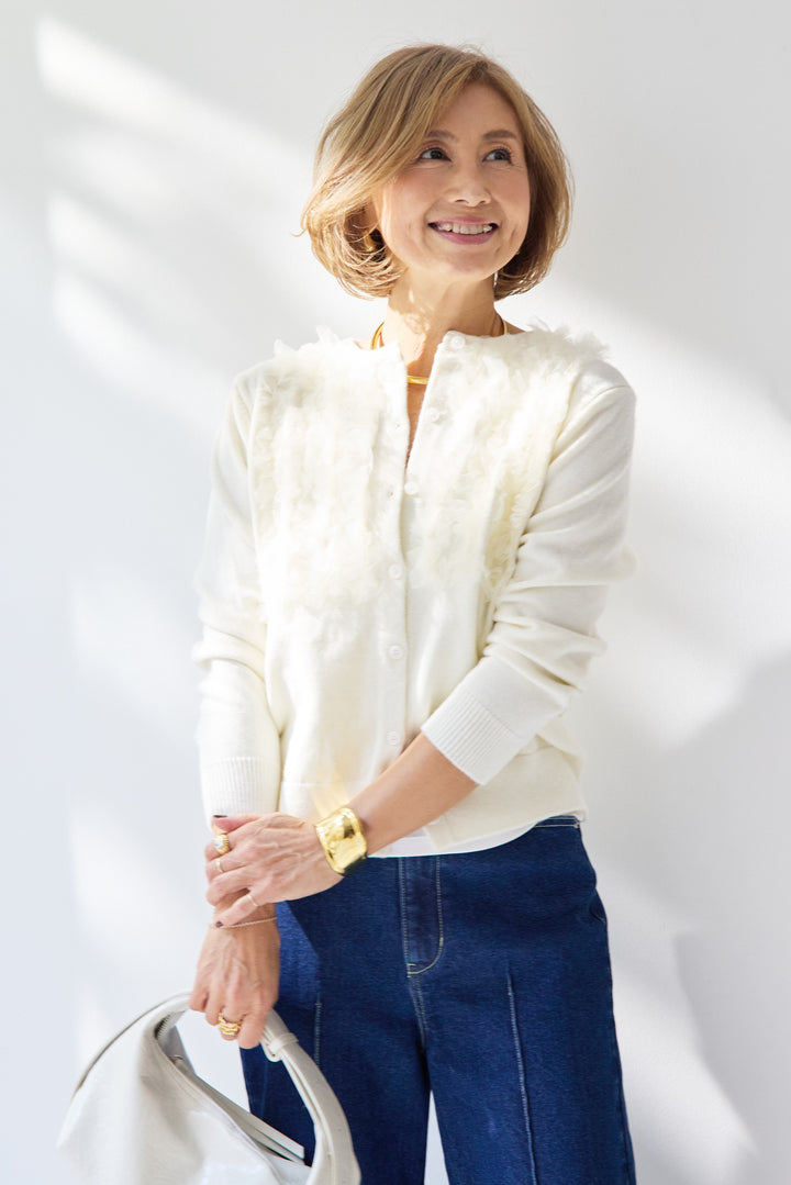 [SET]チュールフリルカーディガン+【倉敷デニム】センターシームワイドデニムパンツ(2set)