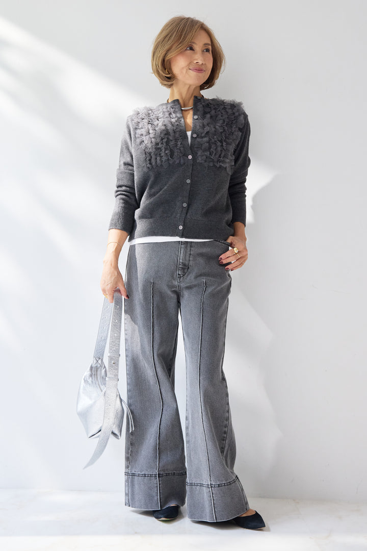 [SET]チュールフリルカーディガン+【倉敷デニム】センターシームワイドデニムパンツ(2set)