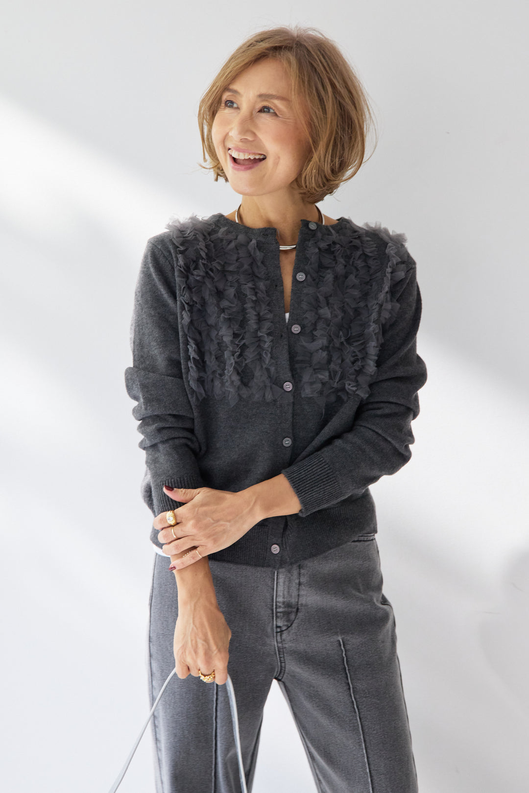 [SET]チュールフリルカーディガン+【倉敷デニム】センターシームワイドデニムパンツ(2set)