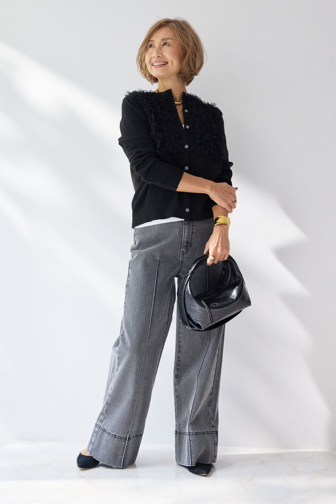 [SET]チュールフリルカーディガン+【倉敷デニム】センターシームワイドデニムパンツ(2set)