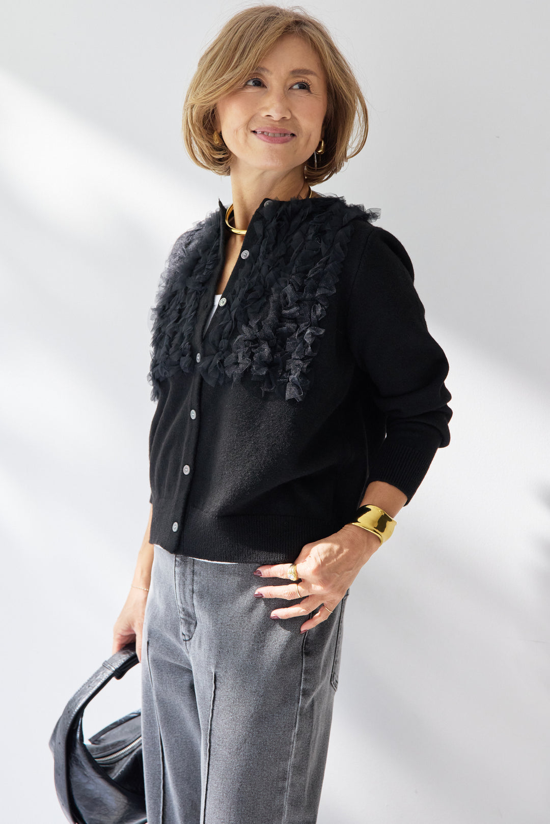 [SET]チュールフリルカーディガン+【倉敷デニム】センターシームワイドデニムパンツ(2set)