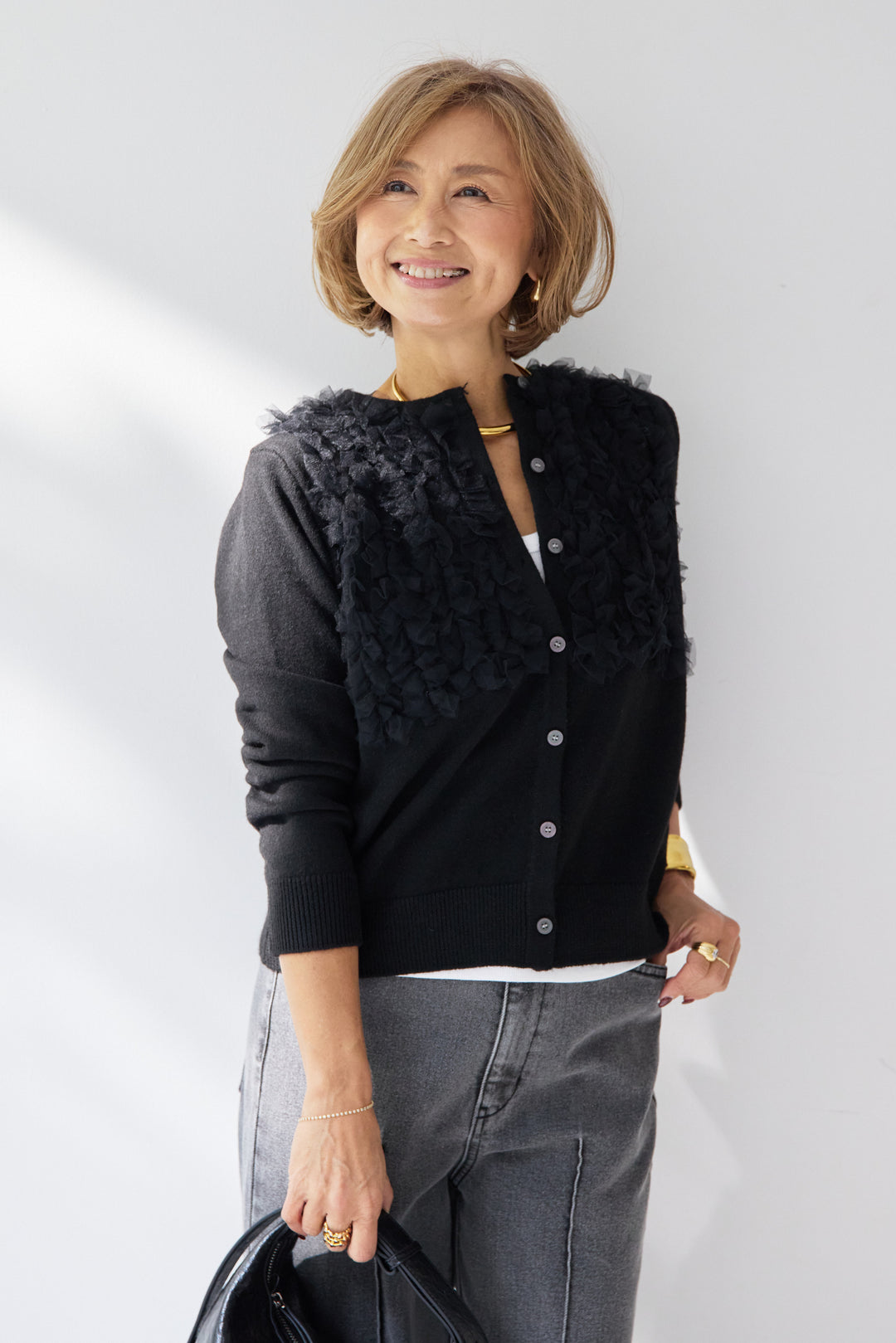 [SET]チュールフリルカーディガン+【倉敷デニム】センターシームワイドデニムパンツ(2set)