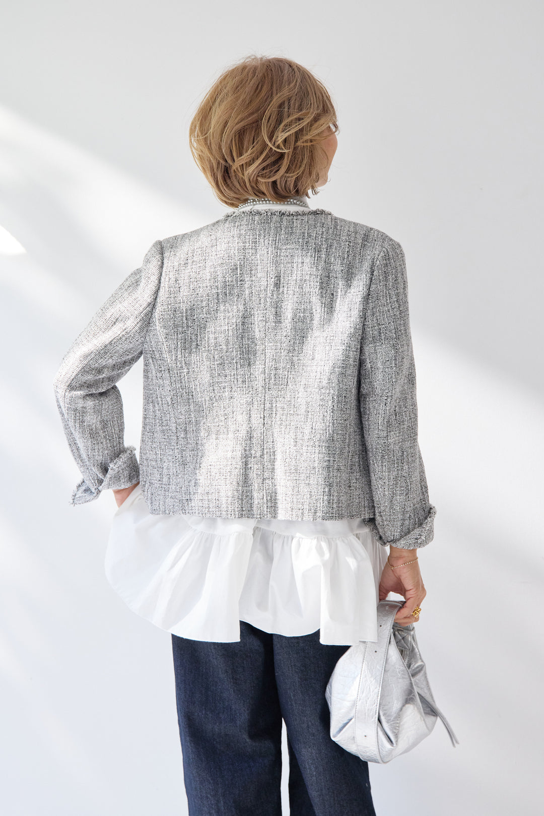 布帛ペプラム切替モックネックカットソー