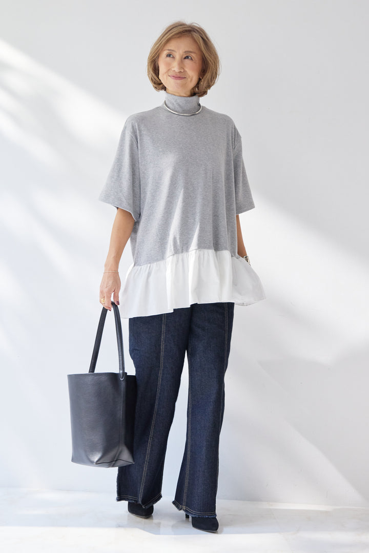 布帛ペプラム切替モックネックカットソー