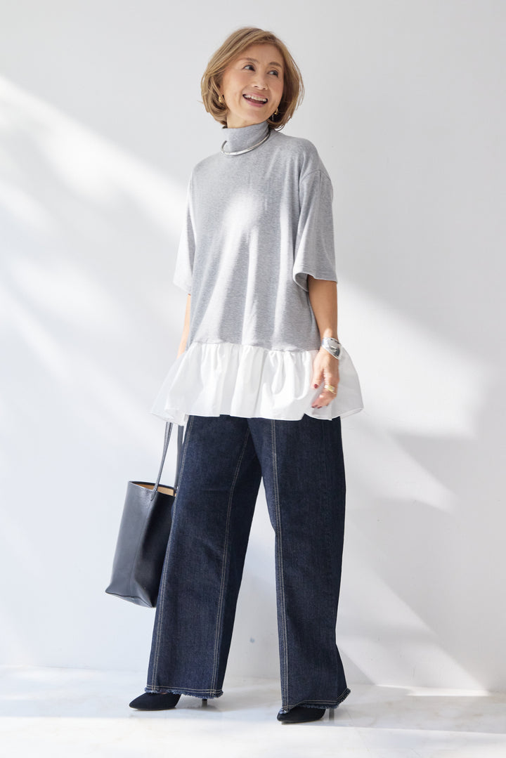 布帛ペプラム切替モックネックカットソー