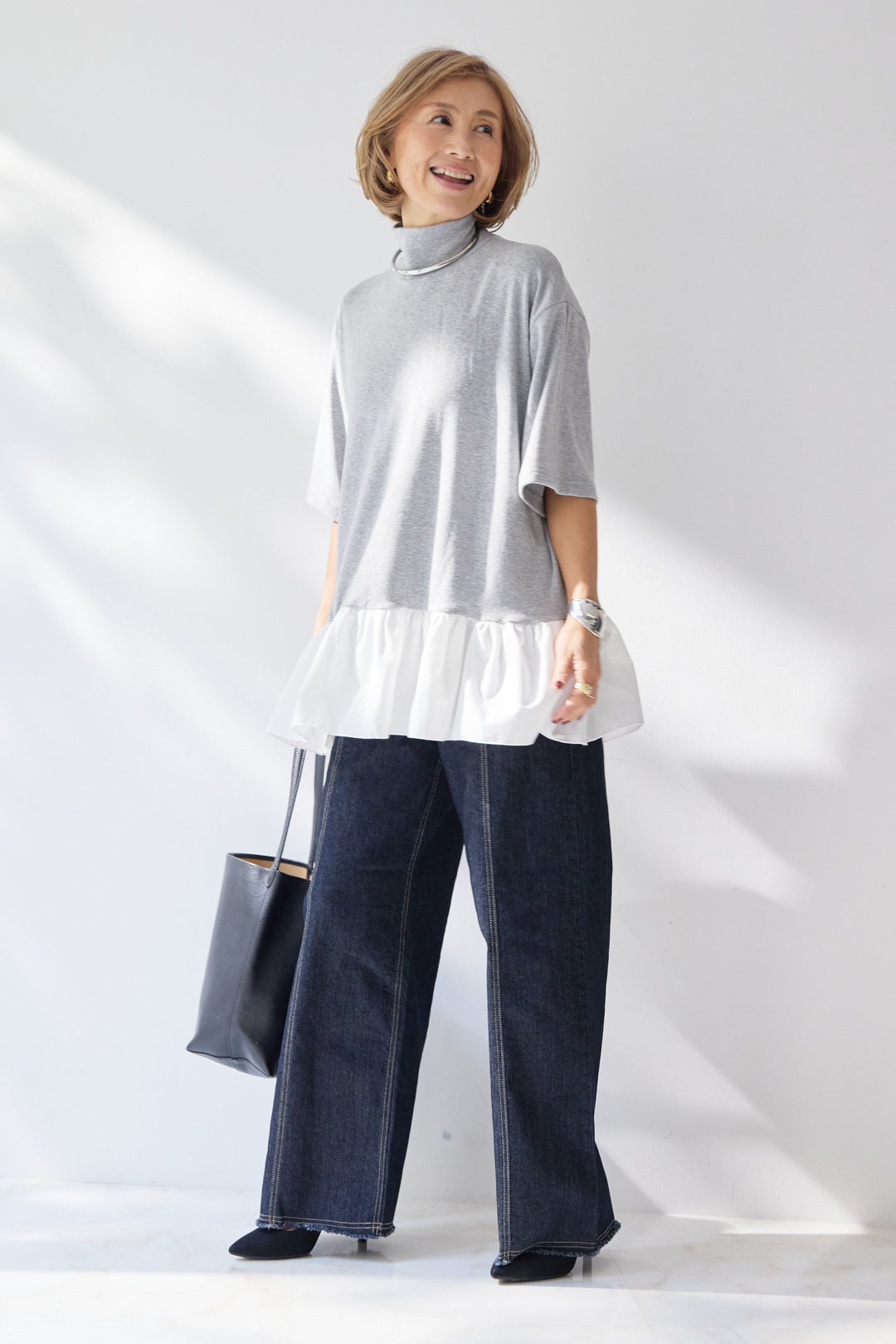 ステッチデザインストレッチデニムワイドパンツ