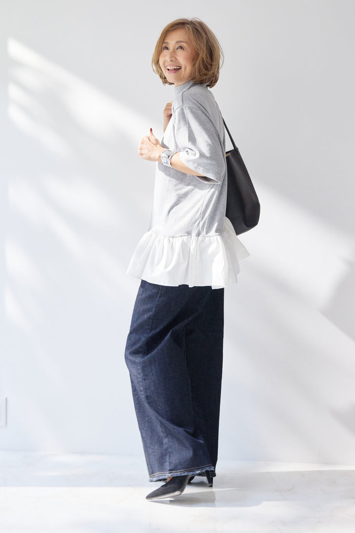 布帛ペプラム切替モックネックカットソー