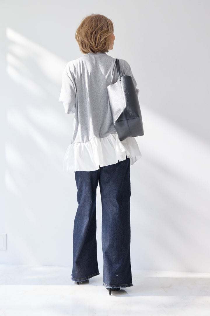 布帛ペプラム切替モックネックカットソー