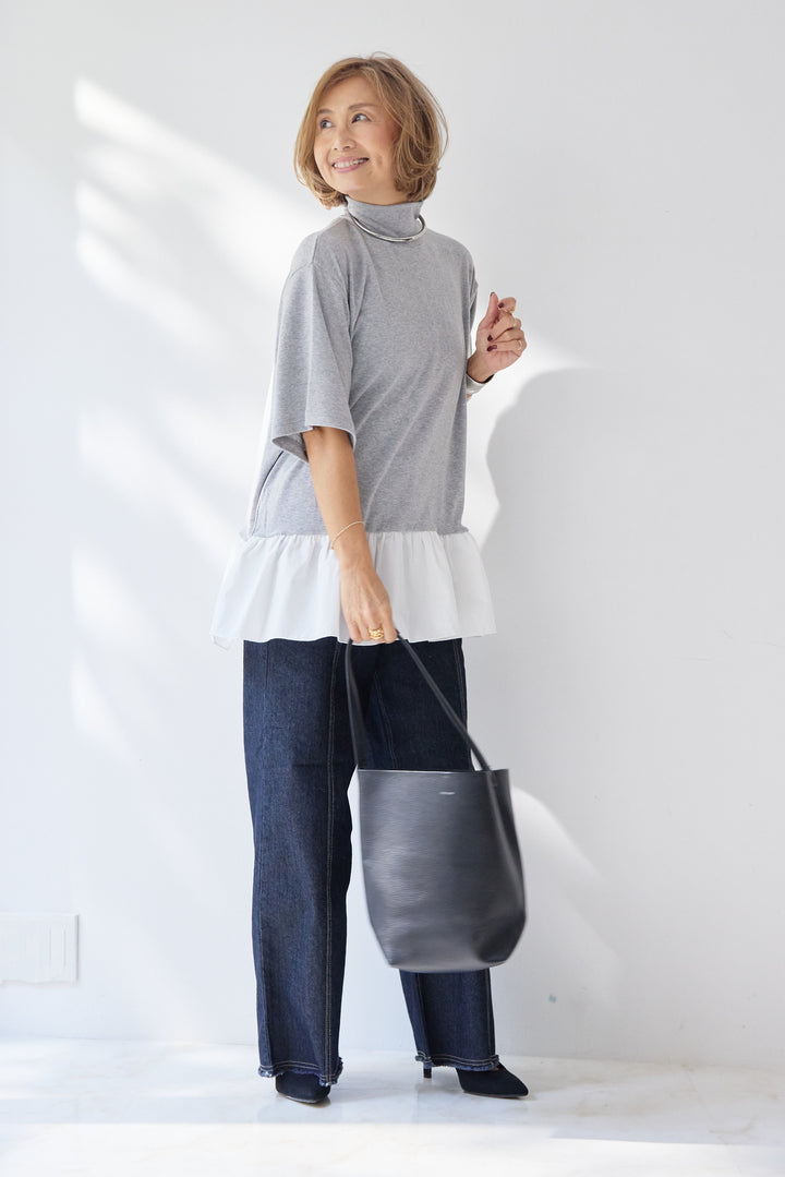 布帛ペプラム切替モックネックカットソー