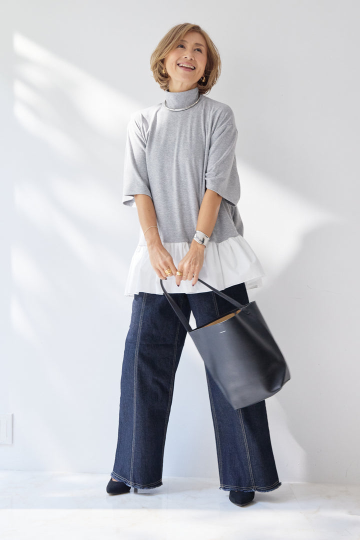 布帛ペプラム切替モックネックカットソー