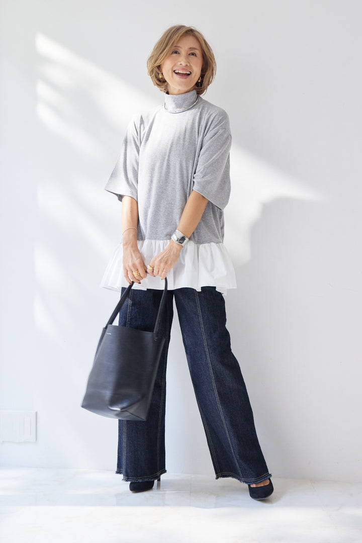 布帛ペプラム切替モックネックカットソー