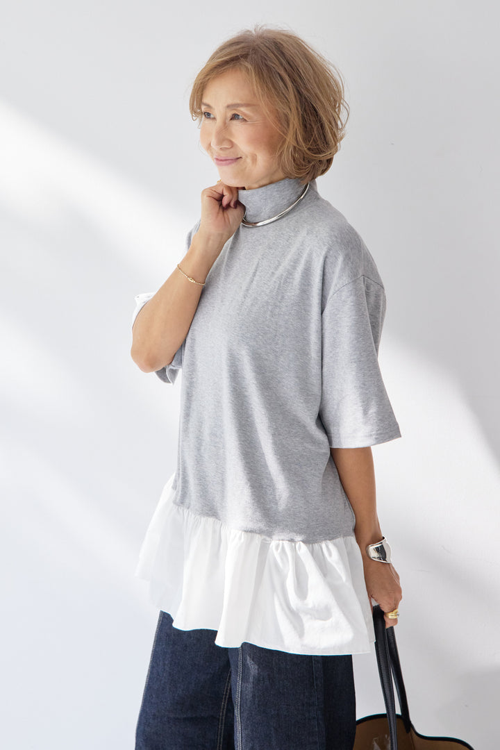 布帛ペプラム切替モックネックカットソー